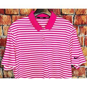 Nike Golf Dri-Fit Men’s Striped Large Short Sleeve Stretch Polo Shirt Pink White
